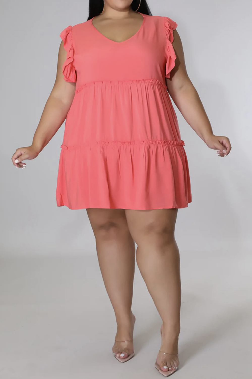 Plus Size V-Neck Frill Trim Mini Dress