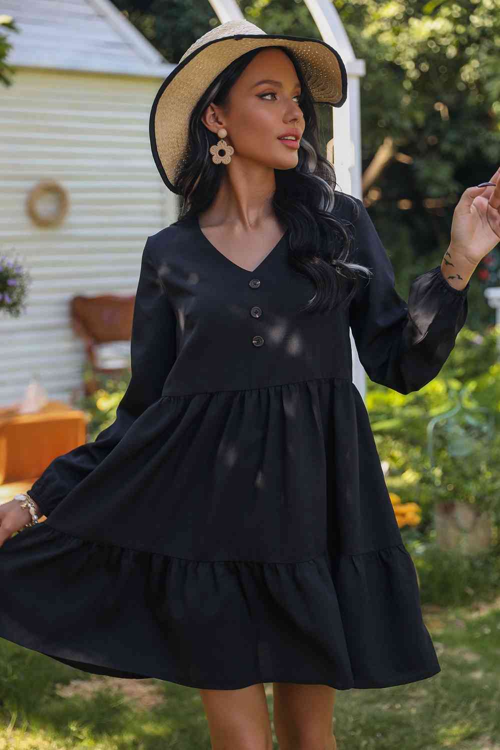 V-Neck Buttoned Long Sleeve Dress