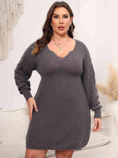 Plus Size Dropped Shoulder Long Sleeve Knit Mini Dress