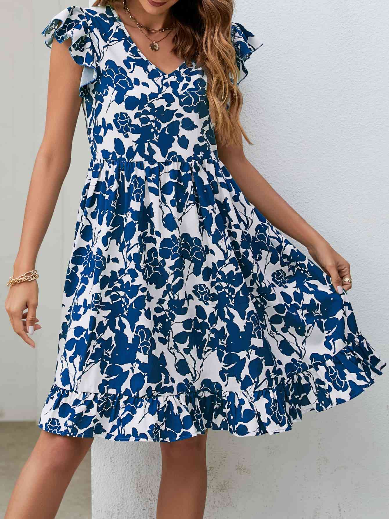 Floral V-Neck Flutter Sleeve Dress