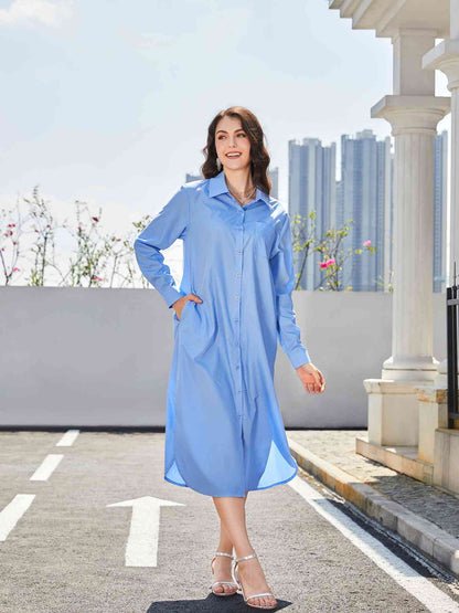 Long Sleeve Side Slit Midi Shirt Dress