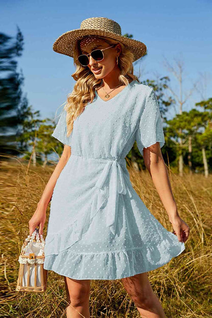 Swiss Dot V-Neck Ruffle Hem Dress