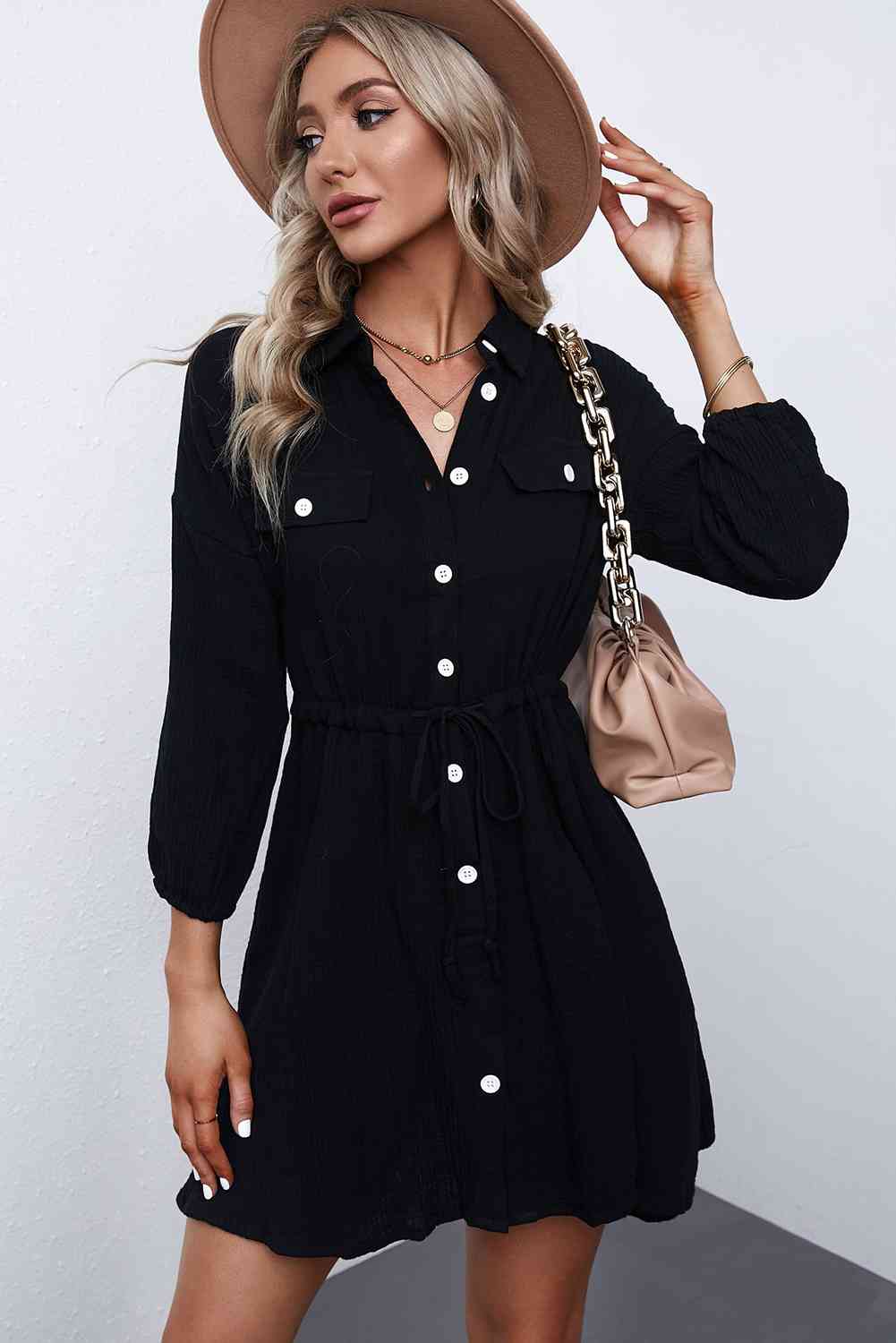 Drawstring Waist Collared Mini Dress