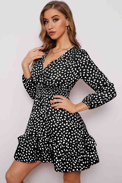 Printed Surplice Neck Puff Sleeve Ruffle Hem Dress