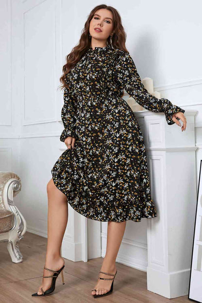 Melo Apparel Plus Size Floral Flounce Sleeve Midi Dress