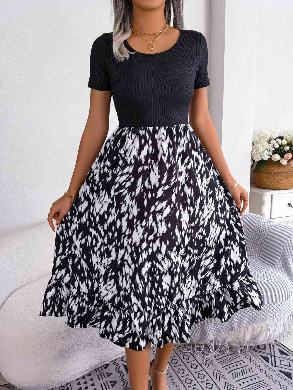 Printed Round Neck Ruffle Hem Dress