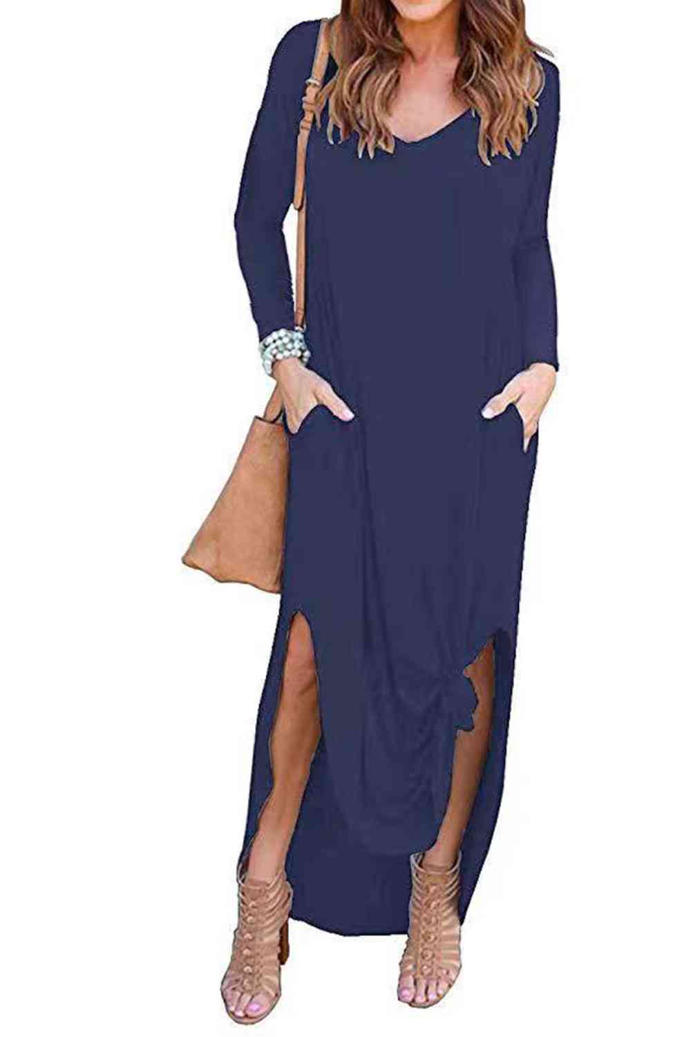 Split Long Sleeve V-Neck Maxi Dress