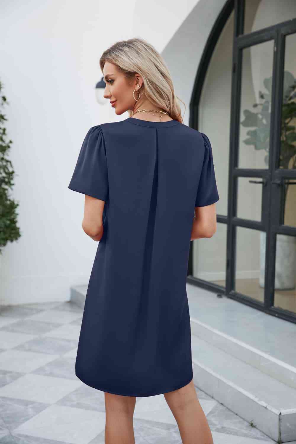 Notched Puff Sleeve Shift Dress