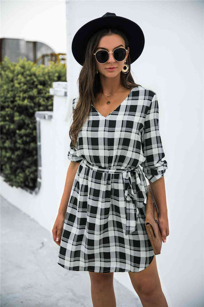 Plaid V-Neck Tie Waist Dress