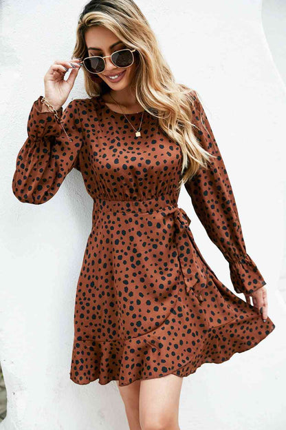 Round Neck Flounce Sleeve Tie Waist Mini Dress